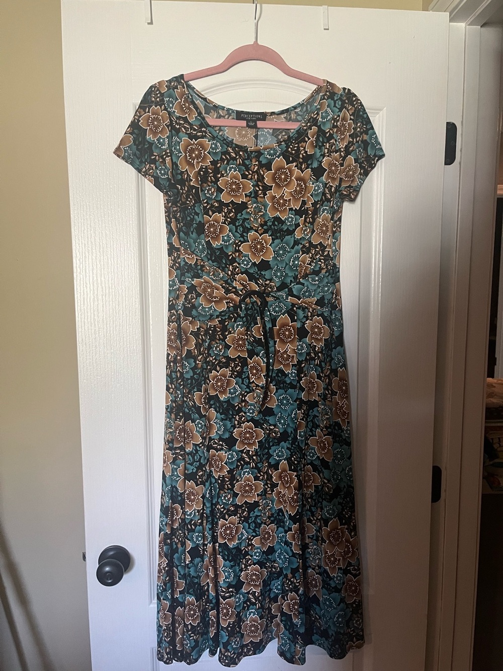 Perceptions Teal and Brown Floral Short-Sleeve Midi Dress